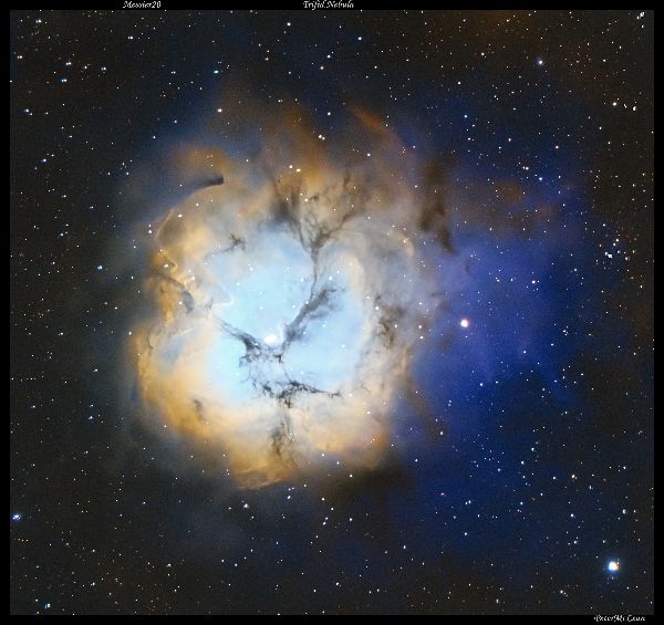 Hubble pallette SHO image of the Trifid Nebula, Messier 20 | Equipment: Meade SN10, Celestron CGX-L, ASIair+, ASI533MM, ZWO EFW, ZWO 7nm SHO filters