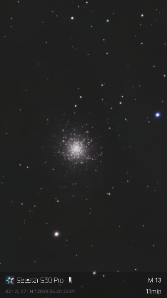 M13 captured in my front yard in June. Lots of light pollution. I'm 12 and this is my first image | Equipment: Seastar 30pro