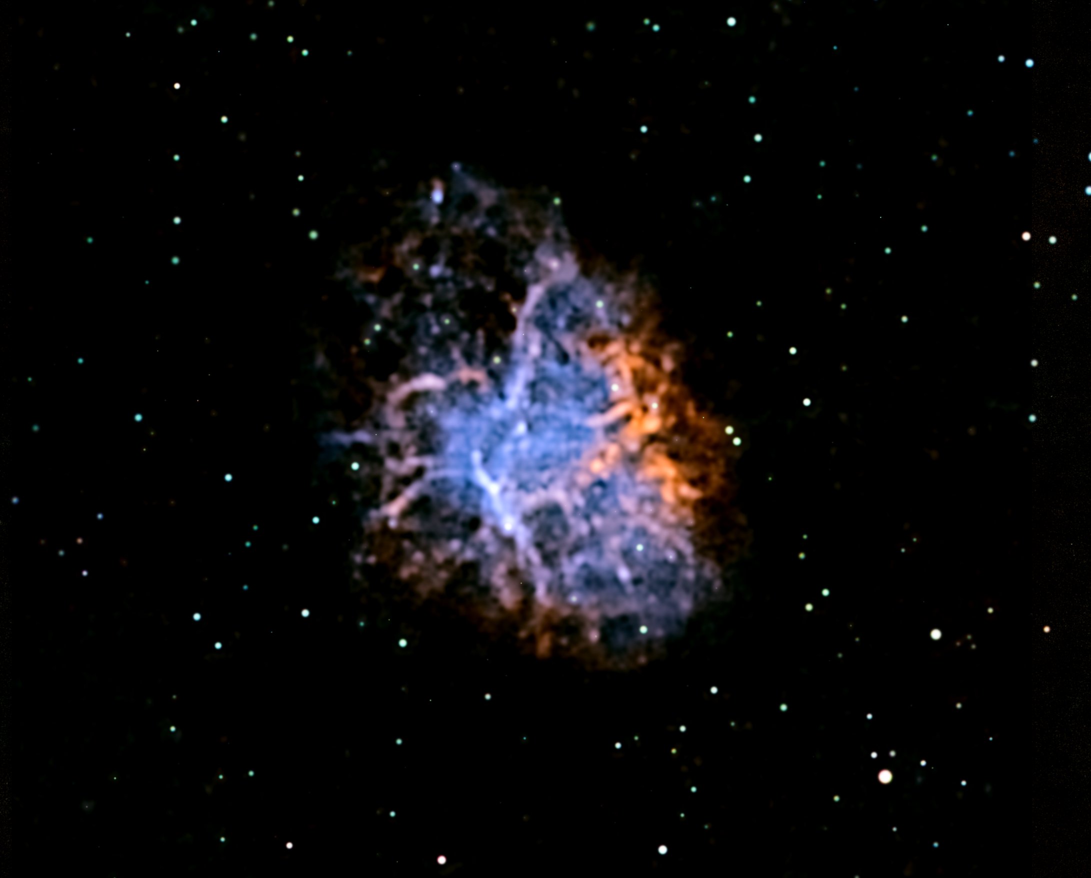Messier 1, the Crab Nebula.
634x60s subs for a total of 10-1/2 hours taken
over 5 nights and over a year apart.
Captured and re-stacked in SharpCap 4.1
Processed with Siril, GraXpert, and Registax 6 | Equipment: OTA: Apertura 6" RC Reflector (f/9) Filter: Optalong L-eNhance (Ha & OIII), Camera: ZWO ASI183MC Pro, Mount: EX02GT with PMC-8