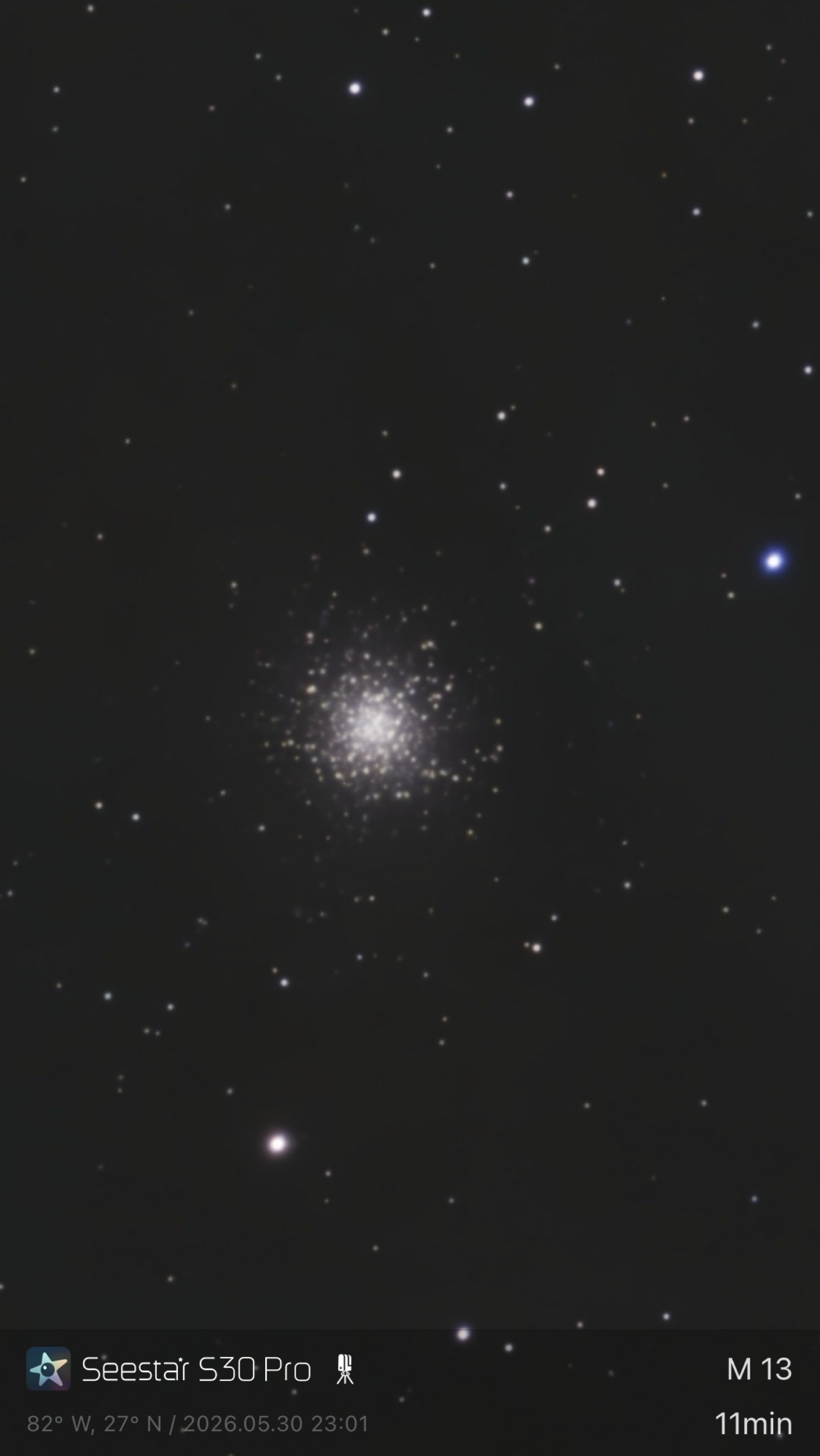 M13 captured in my front yard in June. Lots of light pollution. I'm 12 and this is my first image | Equipment: Seastar 30pro